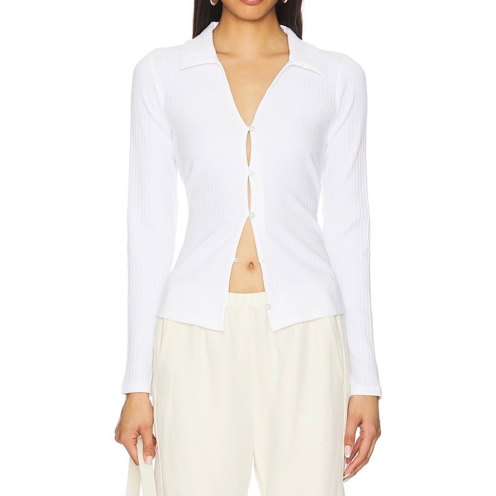 Sanctuary White Ribbedā Button Front Collared Cardigan Top Size Small